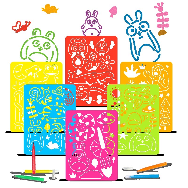 GFUN模板涂色画工具套装5色水彩笔画画模板 儿童镂空绘画模板图案 3岁以上儿童塑料画板画笔套装