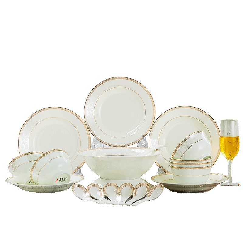 富昱景 碗碟套装 家用欧式简约金边陶瓷餐具套装 景德镇陶瓷碗盘组合 32件