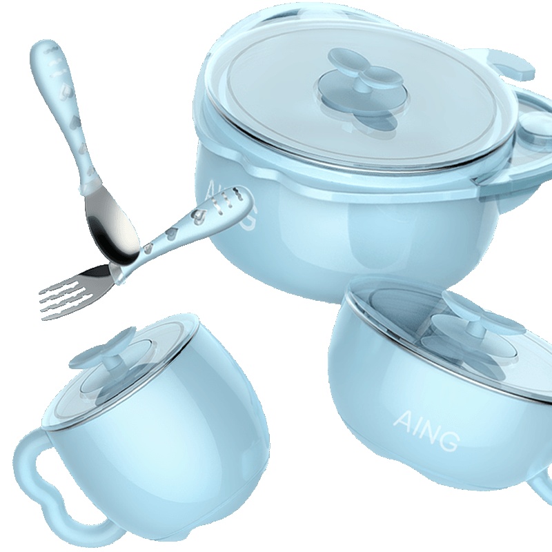 爱音(Aing)母婴婴幼儿童餐具儿童不锈钢注水保温碗餐具套装吸盘碗宝宝辅食碗训练碗 蓝色5件套