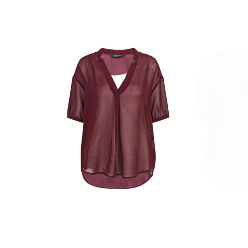 拉夏贝尔2018夏装新款OL风格纯色V领吊带短袖两件套雪纺衫10010233