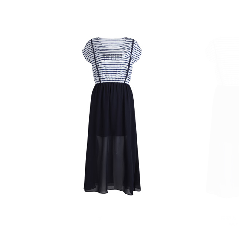 拉夏贝尔2018夏装新款甜美贴钻字母条纹收腰中长款连衣裙10010270