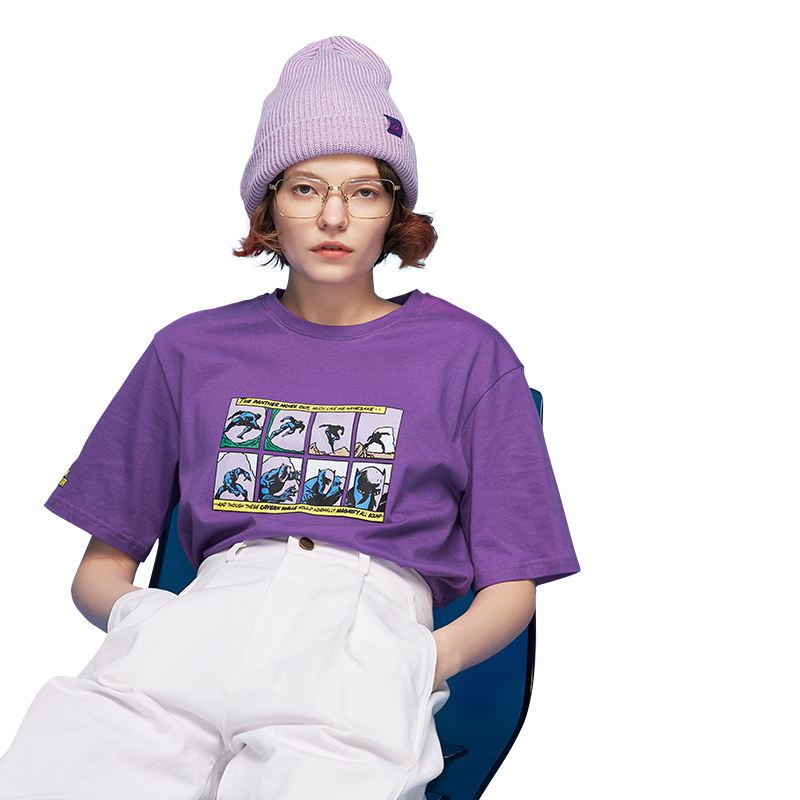 初语漫威黑豹系列ulzzag圆领短袖纯棉紫色T恤女