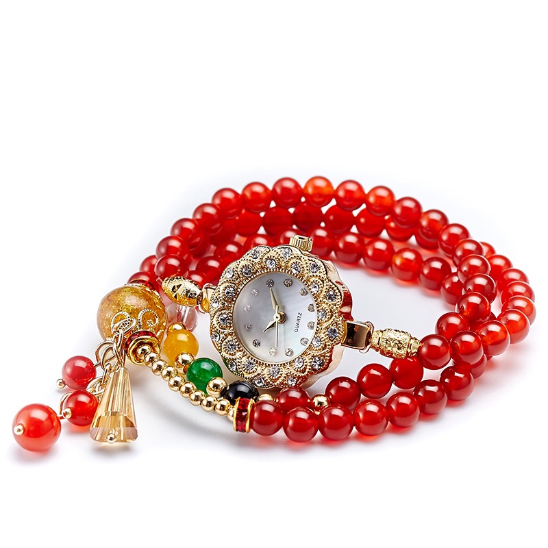 帛兰梓韵 天然玛瑙手链女款水晶石英手表简约时尚潮流手链手表红玛瑙手表