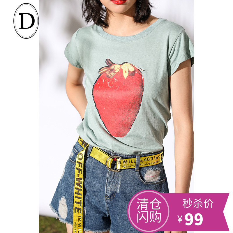 D家草莓印花复古圆领吸湿耐汗T恤短袖女2017夏装新款