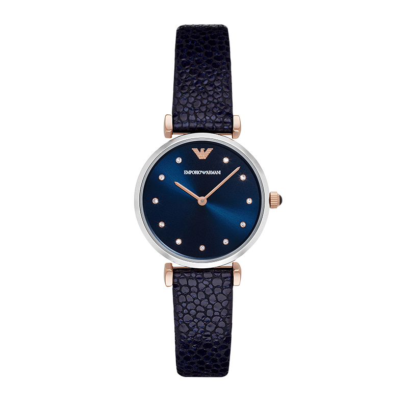 阿玛尼(Armani) 镶钻石英女表质感皮带简约两针女士手表AR1989 蓝色