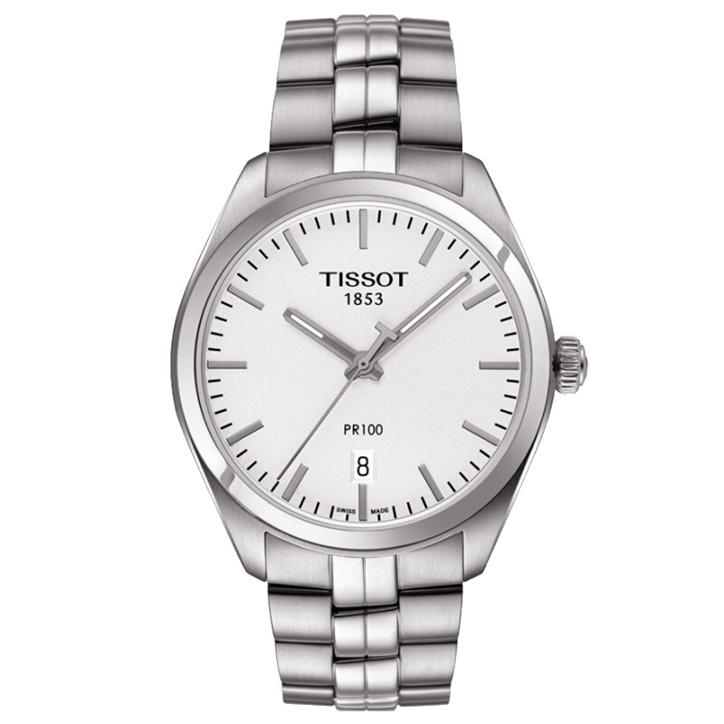天梭（TISSOT）手表 PR100系列 简约时尚男士石英表 白盘钢带