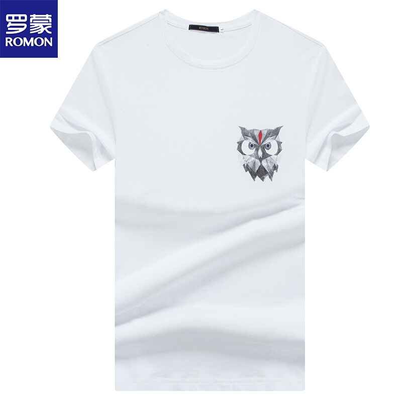 罗蒙（ROMON）短袖T恤男2018夏季时尚卡通动物修身汗衫白色
