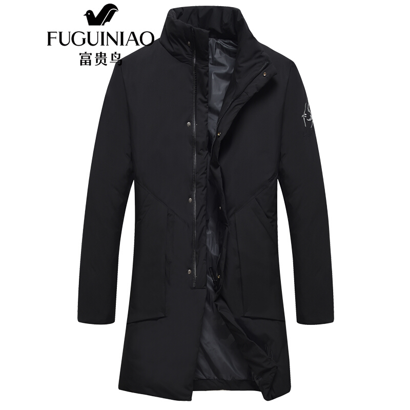 富贵鸟FUGUINIAO中长款羽绒服男装2018冬季新款保暖外套立领纯色简约韩版时尚休闲修身上衣服