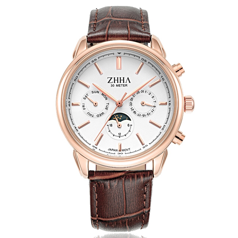 致豪（ZHHA）自由时光系列 男士商务时尚手表牛皮表带腕表 三眼指示 ZW-S026