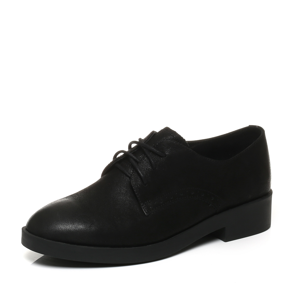 Teenmix/天美意秋专柜同款黑色珠光牛皮方跟系带鞋女单鞋6B522CM7