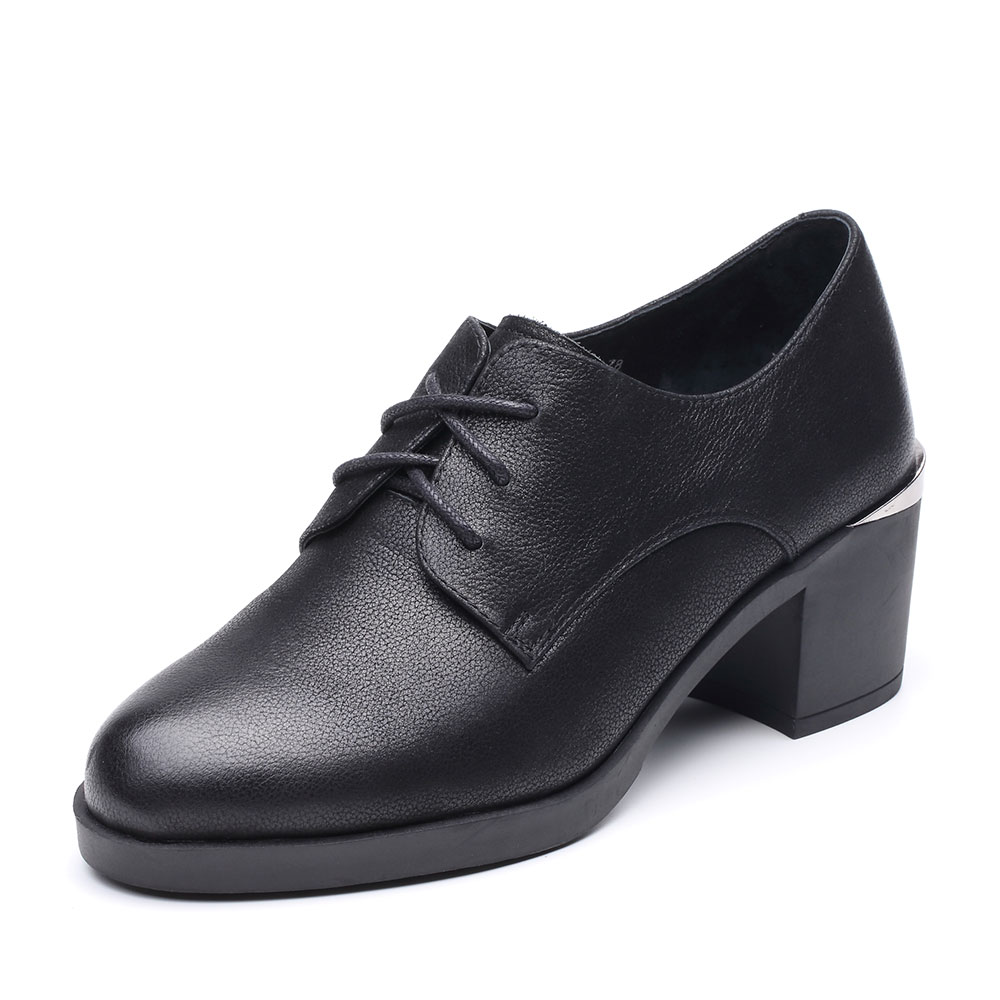 Teenmix/天美意秋专柜同款黑色珠光牛皮粗跟系带鞋女单鞋CAN20CM7