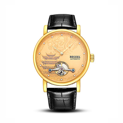 宾爵（BEGEEL）手表 中国风系列机械男士手表 真钻游龙戏珠男士机械手表B183M金壳黑皮带机械手表