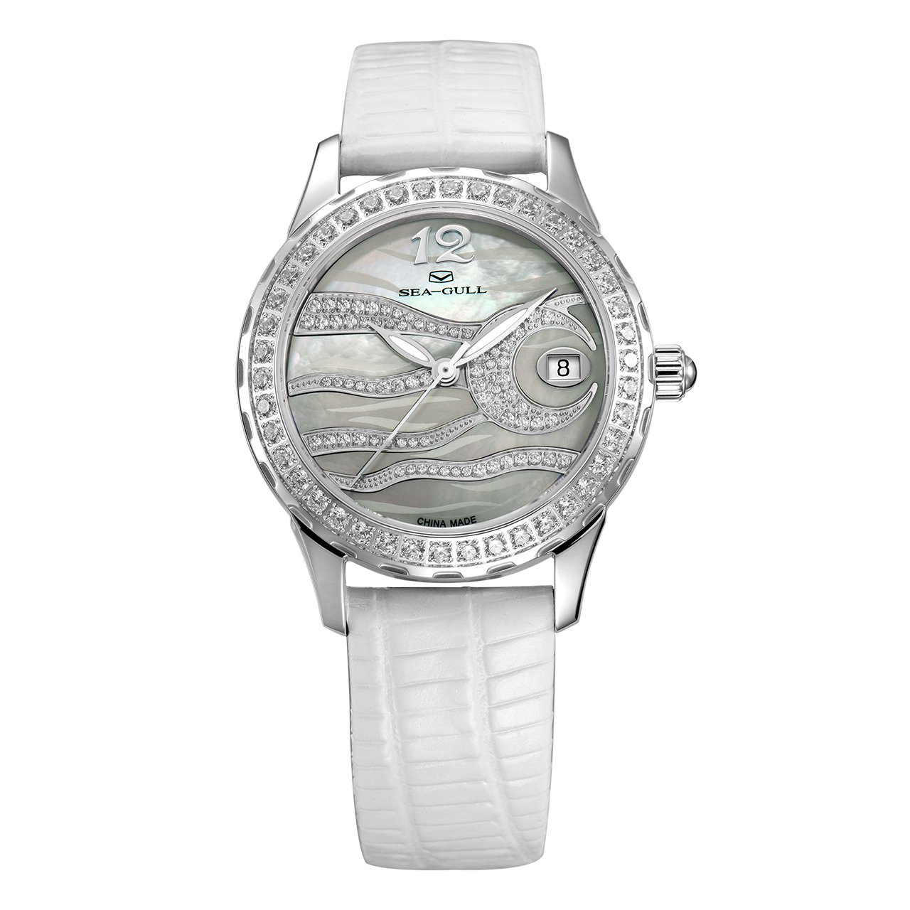 海鸥表(SEAGULL)女士手表机械表镶钻日历皮带自动机械手表时装表女表719.762L 白盘