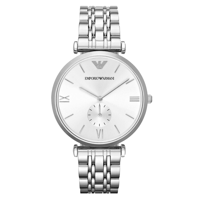 阿玛尼EMPORIO ARMANI手表休闲商务时尚秒盘简约大气银色金属石英表男士手表AR1819