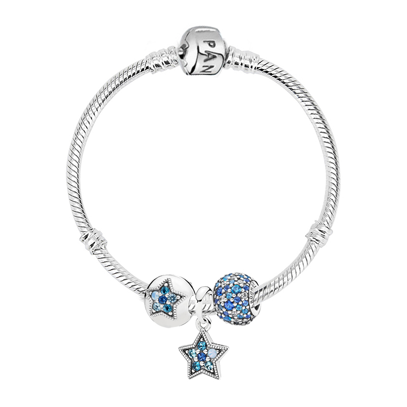 PANDORA潘多拉 甜美可爱蓝色璀璨星辰串珠星星吊坠 925银手链