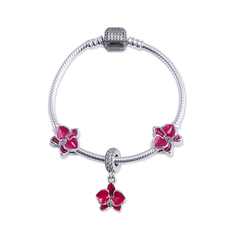 PANDORA潘多拉 925银手镯 多色兰花系列时尚串珠挂件成品套装
