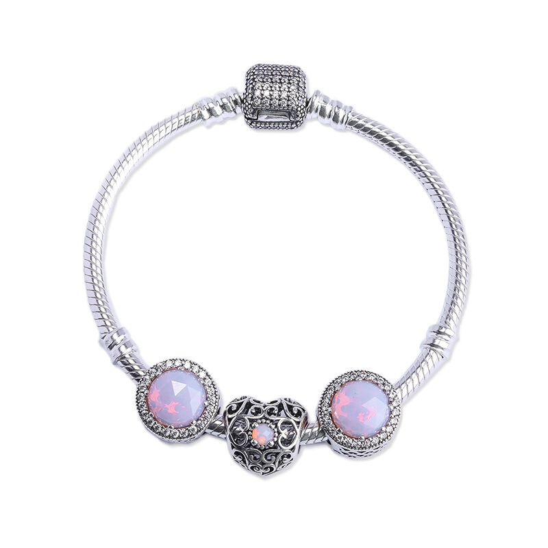 Pandora潘多拉成品手镯 粉色闪亮的心系列 925银时尚串珠成品手链PZ-034