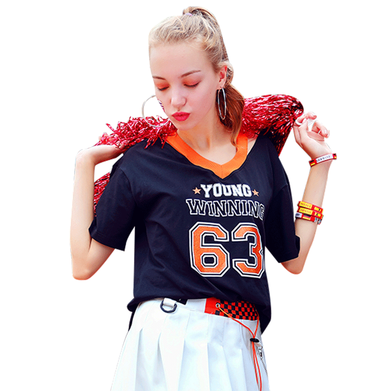 V领短袖T恤女夏2018新款宽松运动风bf半袖上衣女生篮球衣嘻哈衣服