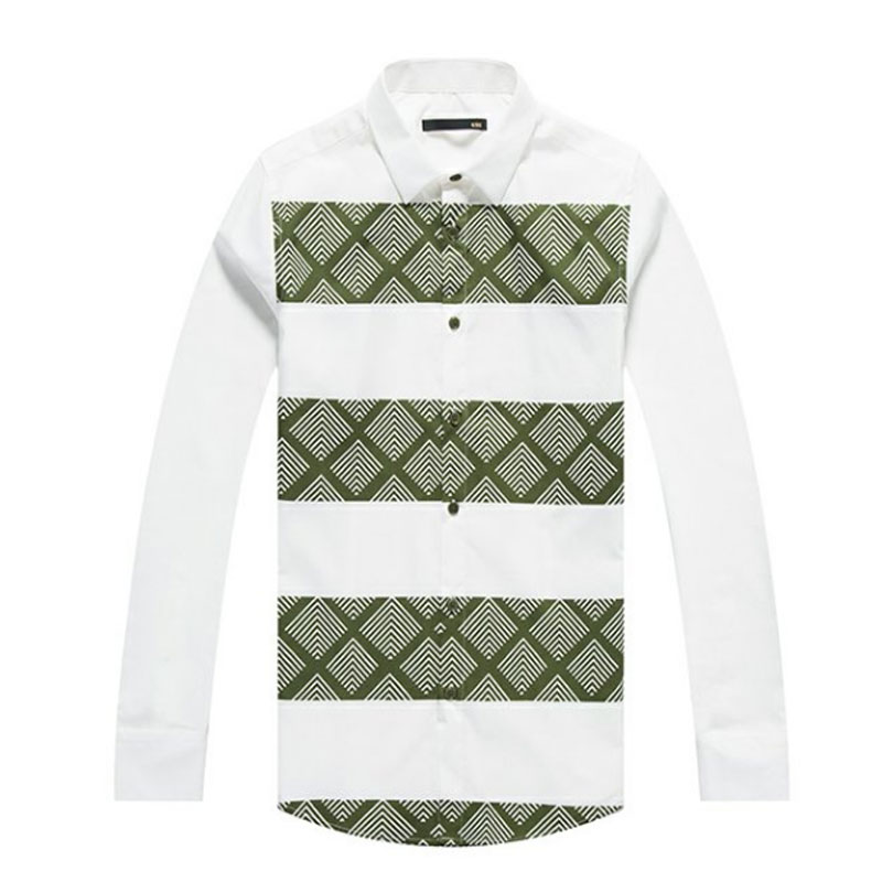 GXG长袖衬衫男装 春季男韩版时尚绿白条纹白色休闲修身长袖衬衣