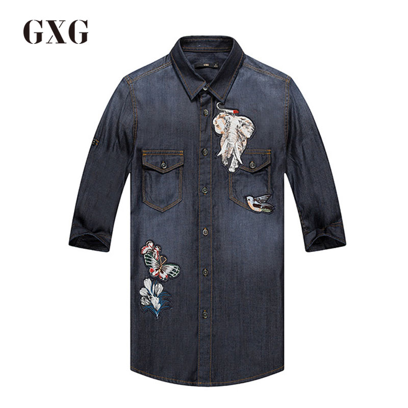 GXG男装 春季男士时尚休闲青年流行蓝色修身中袖衬衫