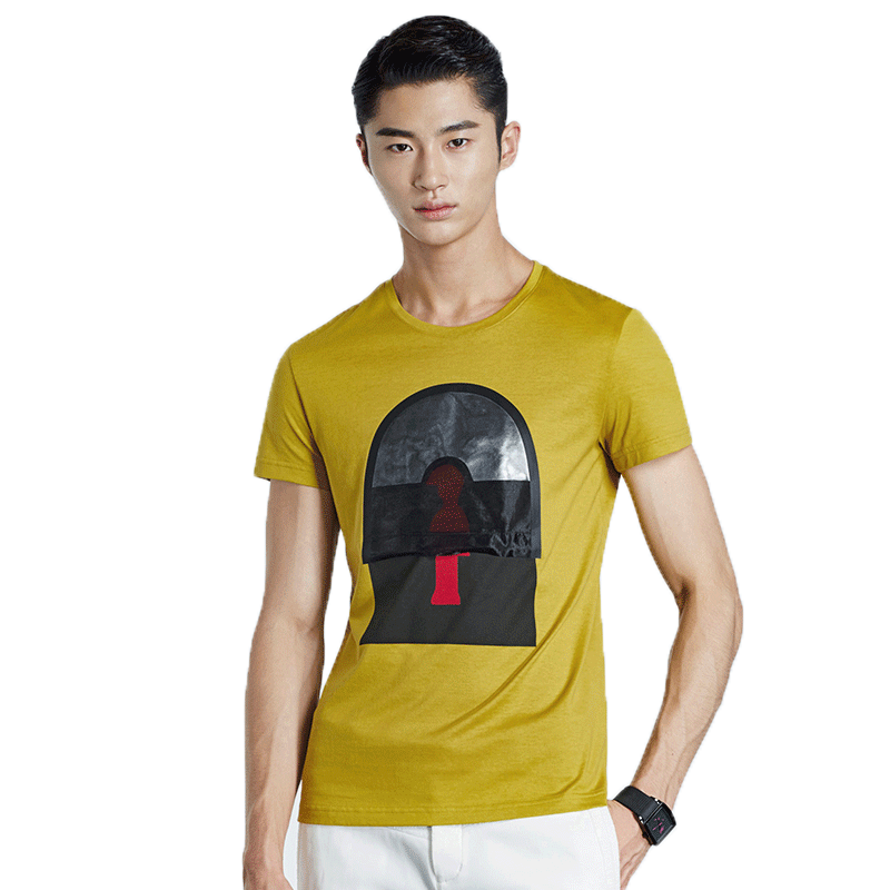 GXG短袖T恤男装 夏季男士时尚修身休闲个性图案黄色简约圆领T恤潮