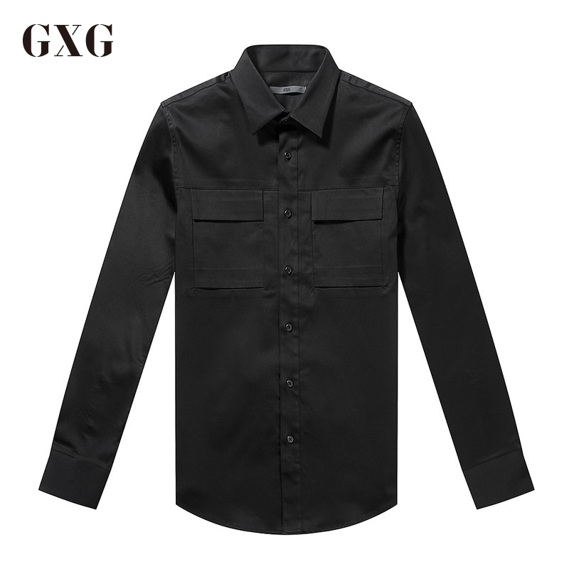 GXG长袖衬衫男装 秋季男士修身时尚商务流行休闲黑色衬衣青年男款