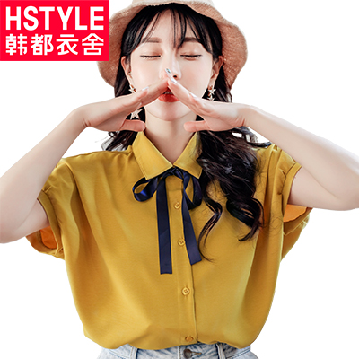 韩都衣舍2018韩版女装夏装新款宽松显瘦两色系带短袖衬衫NG8698茵