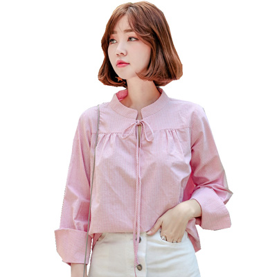 韩都衣舍2018韩版女装夏装新款气质条纹小立领长袖衬衫GS7899緈
