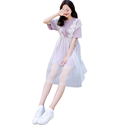 韩都衣舍2018夏装女装韩版灰紫色裙子拼接网纱连衣裙IG8259僥
