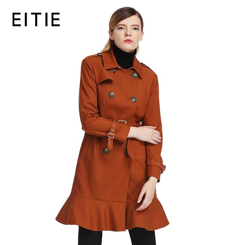EITIE爱特爱秋季新款中长款风衣女荷叶边下摆时尚女士外套