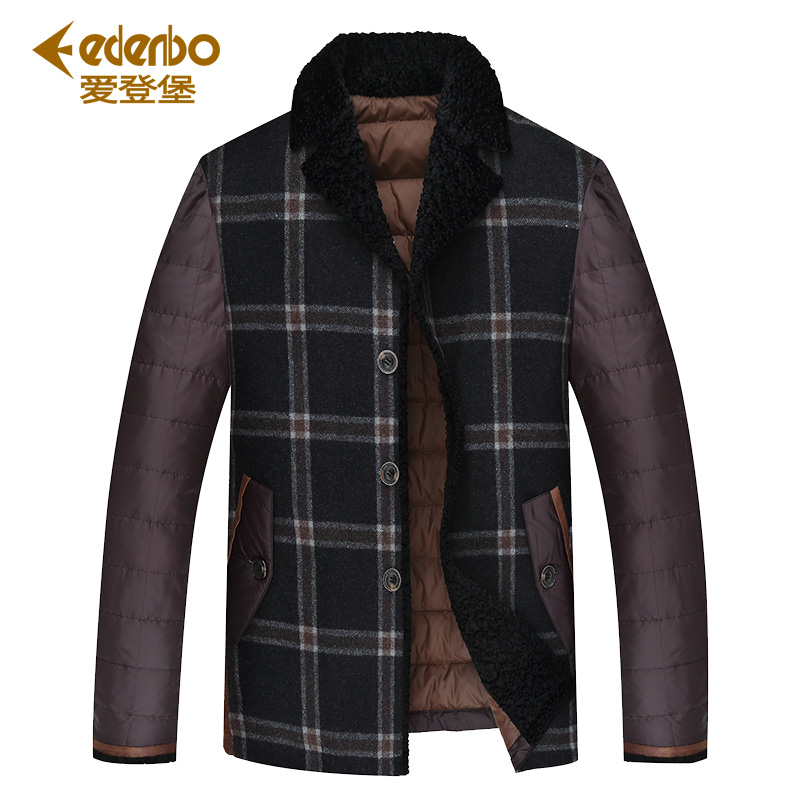 Edenbo/爱登堡中长款男羽绒服商务保暖白鸭绒羽绒衣呢子格子外套