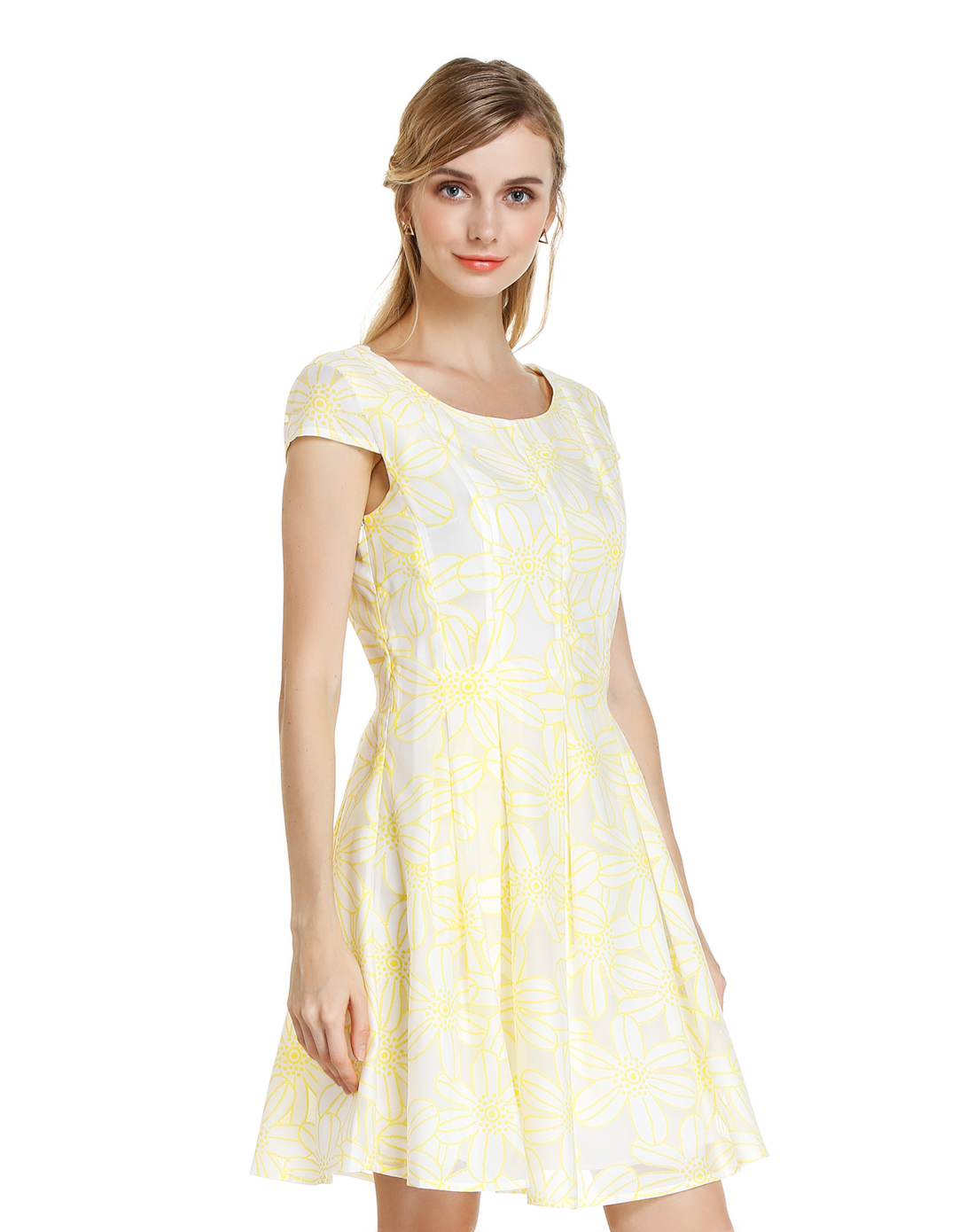 甜美印花短袖连衣裙黄色