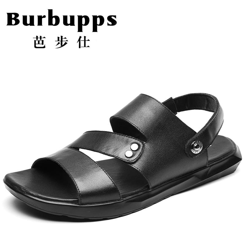 Burbupps法国芭步仕男鞋夏季防滑凉鞋真皮休闲露趾沙滩鞋两用潮