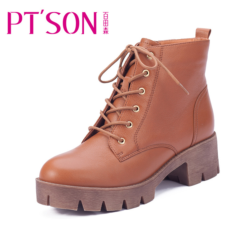 PTSON/百田森 方跟防水台短筒短靴马丁靴头层牛时尚皮真皮女靴子