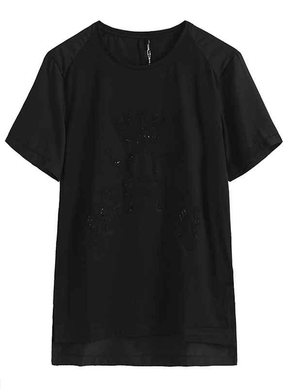 CREAZIONI时尚 黑色图案纯棉圆领短袖T恤 夏季新品