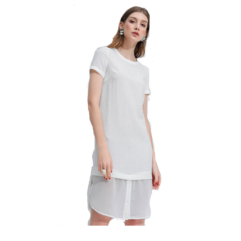 莉莉的 品牌女装连衣裙2018夏季新款圆领拼接雪纺连衣裙纯色简约H型裙子