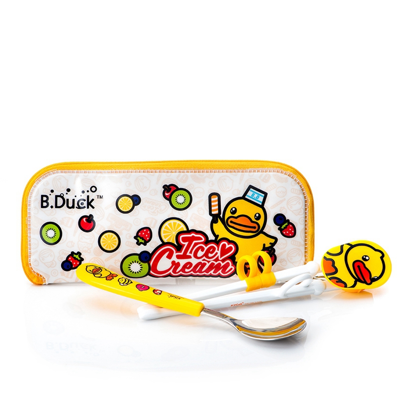 B.Duck小黄鸭儿童餐具不锈钢勺子ABS智力学习筷3件套