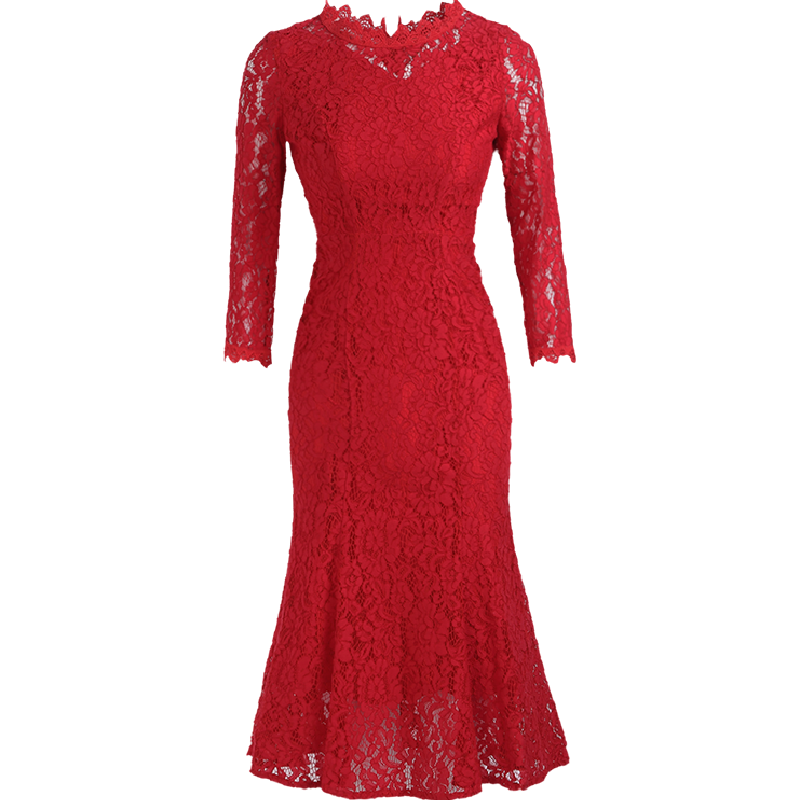 晚白 2018新款红色蕾丝连衣裙修身显瘦性感鱼尾中长款性感打底