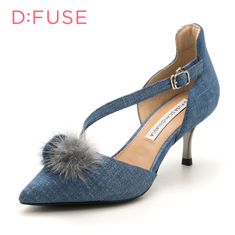 D：Fuse/迪芙斯尖头脚背带搭扣中空毛毛单鞋DF73114003