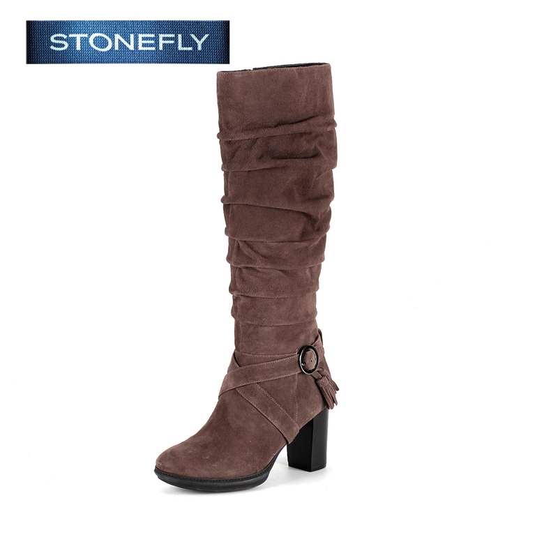 斯通富来STONEFLY冬季长靴瘦腿绒面羊皮圆头粗跟舒适女鞋SD44117080
