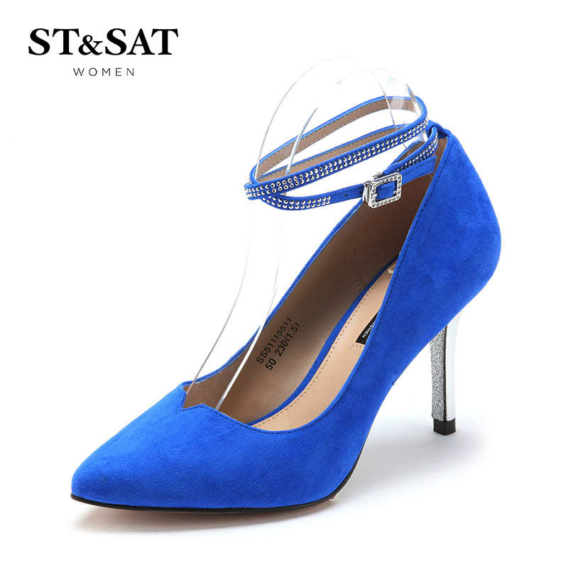 星期六ST&SAT蓝色绒面羊皮罗马尖头高跟鞋性感显瘦增高SS51115511
