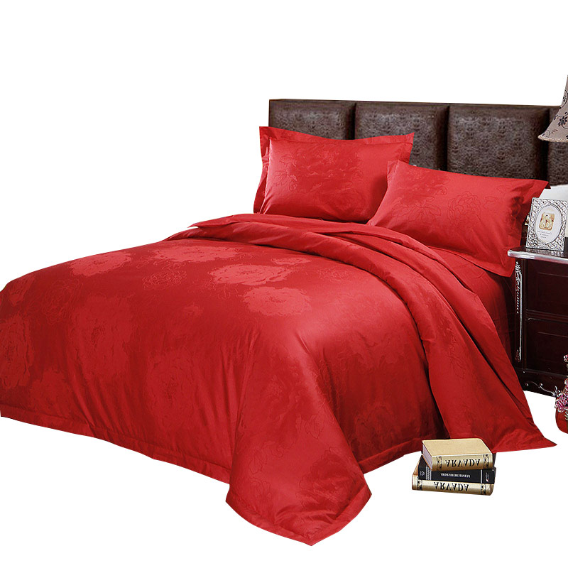 恩达家纺 结婚用床上用品喜庆大红色1.8婚庆大提花四件套香颂红色印花麻棉套件