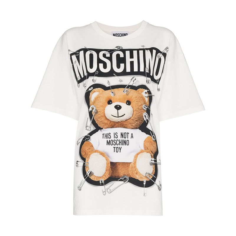 MOSCHINO 莫斯奇诺女士T恤常规款棉质夏季青春流行泰迪熊别针图案短袖T恤衫 V0704 5540