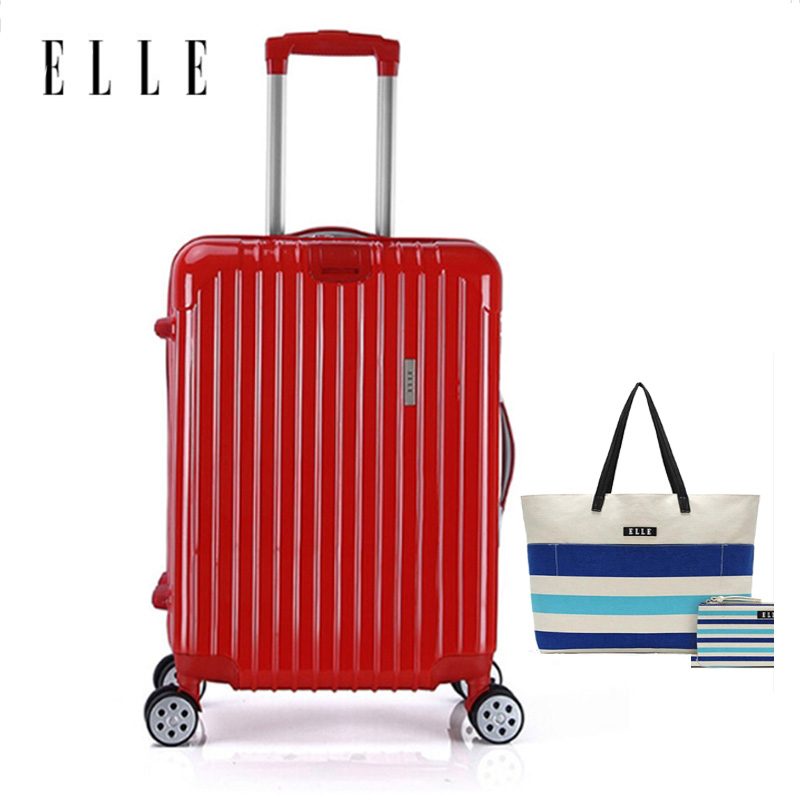 ELLE（她）红色时尚万向轮旅行拉杆箱20寸+时尚彩条帆布单肩包钱夹两件套