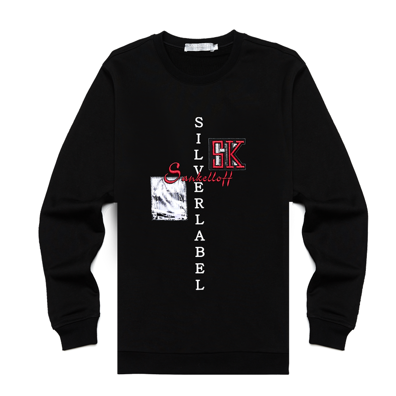 SK(圣加诺夫）新款黑色字母刺绣卫衣男秋装纯棉简约修身运动潮流