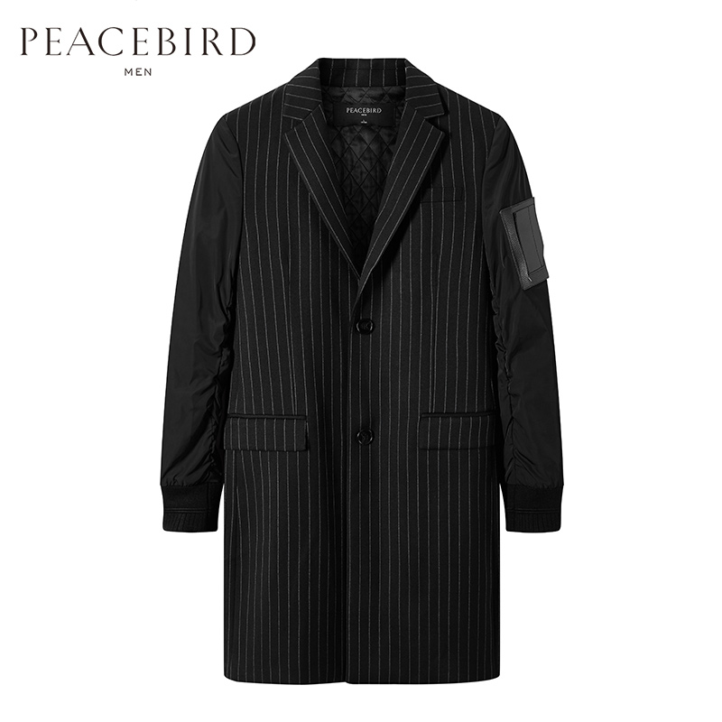 太平鸟男装冬季新款绅士平驳领竖条纹羊毛呢子大衣外套