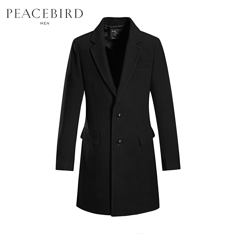 太平鸟男装 冬季新款黑色刺绣单排扣中长款羊毛呢大衣
