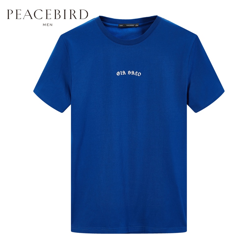 太平鸟男装夏季新款蓝色短袖字母胶印时尚哥特风潮T恤