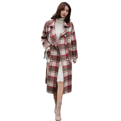 萝娜公主(LUONAGONGZHU)冬季新款气质简约女装格子宽松版中长款羊毛大衣外套
