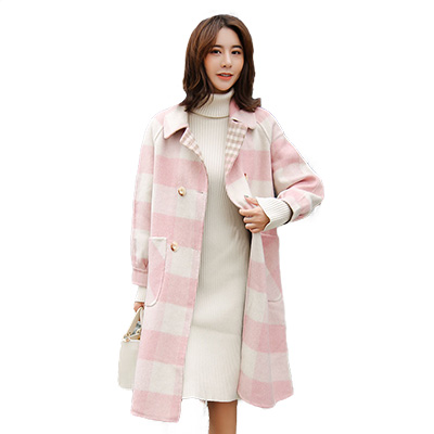 萝娜公主(LUONAGONGZHU)冬季时尚新款气质简约女装双排扣格子宽松版中长款羊毛大衣外套